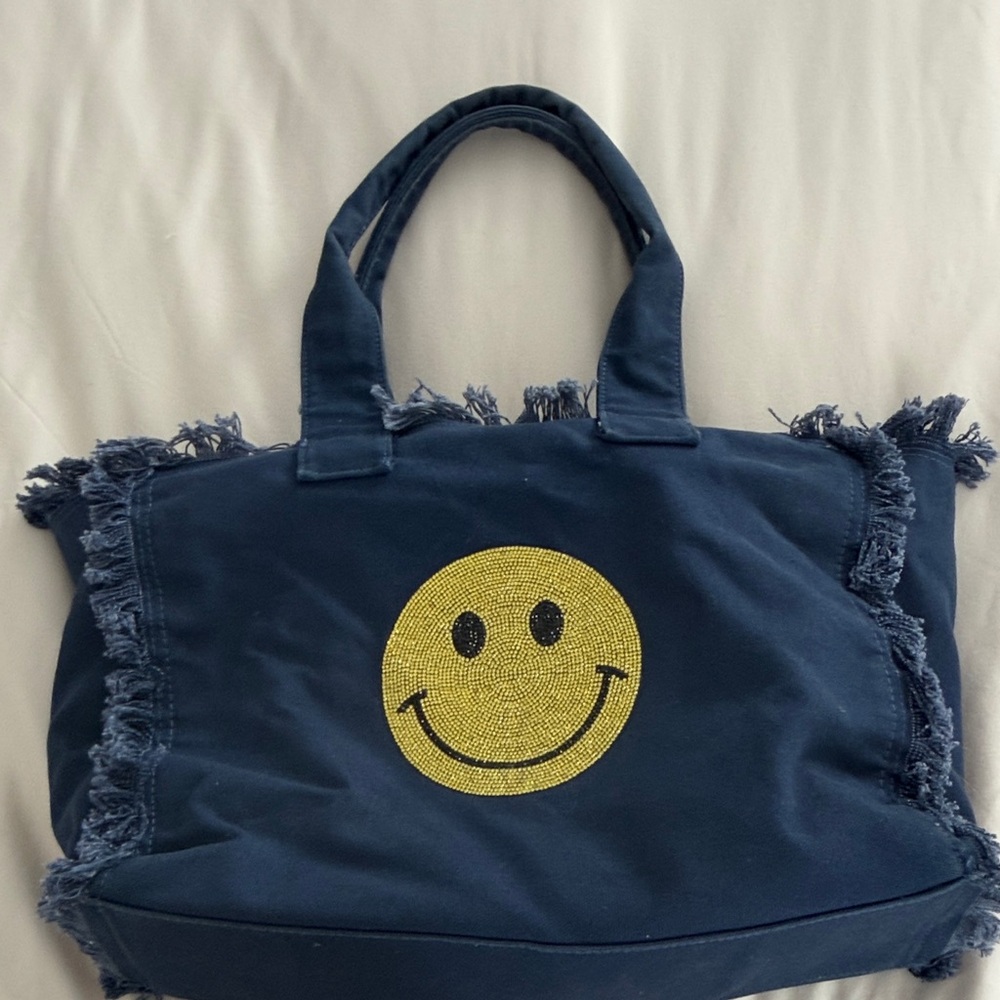 Fringed Navy canvas tote with rhinestone Smiley Face